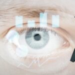 Close up of an eye with futuristic glasses on